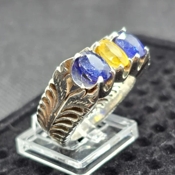 Blue & Yellow Ceylon Sapphires Silver Ring